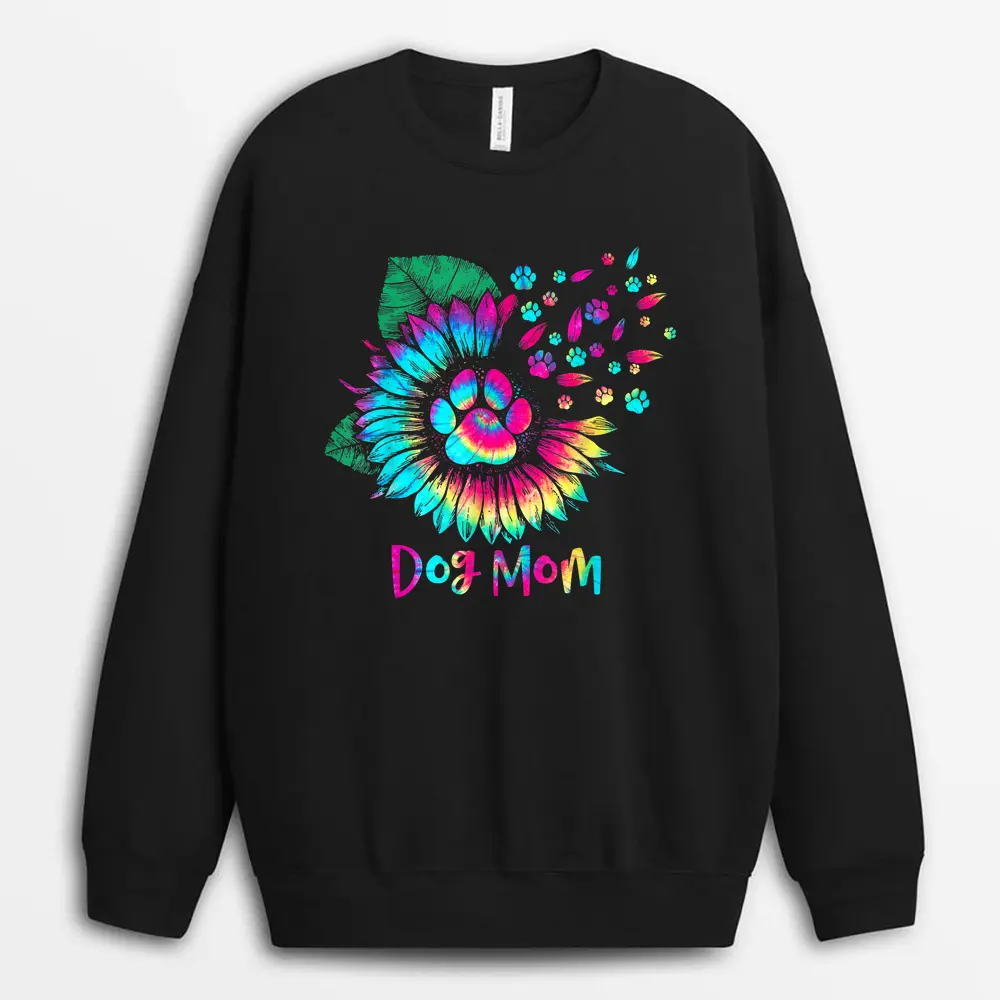 Sunflower Dog Mom Tie Dye Dog Lover Mother's Day Sweatshirt - Black