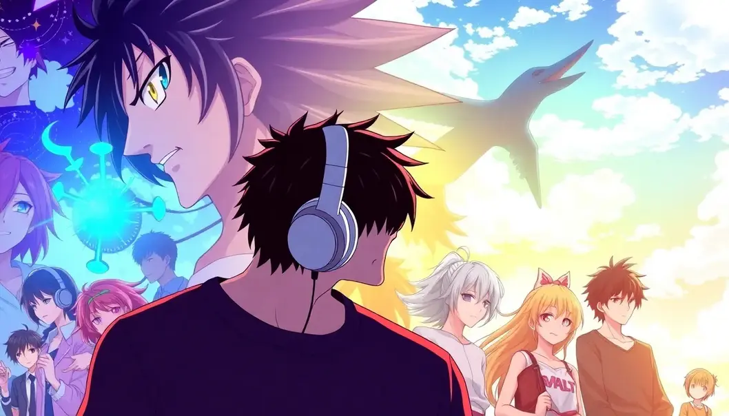 Collage of active anime characters with a person listening to a podcast, illustrating productivity.