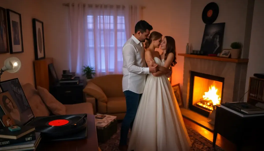 Melodies of the Heart: How Music Shapes Your Mood A newlywed couple dances intimately in their cozy living room to the soothing sounds of a record player.