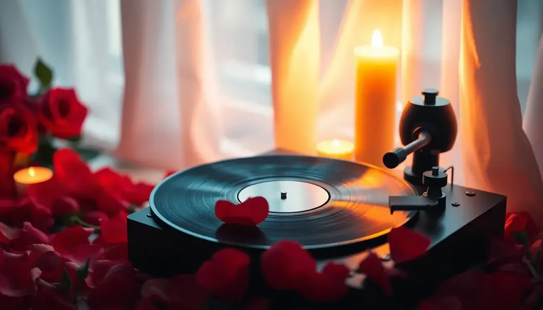 Vinyl player with rose petals and candles creating a romantic atmosphere.