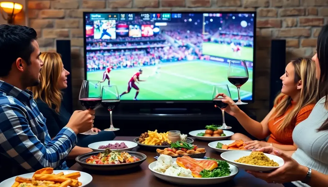 Friends celebrating game day with wine and food.