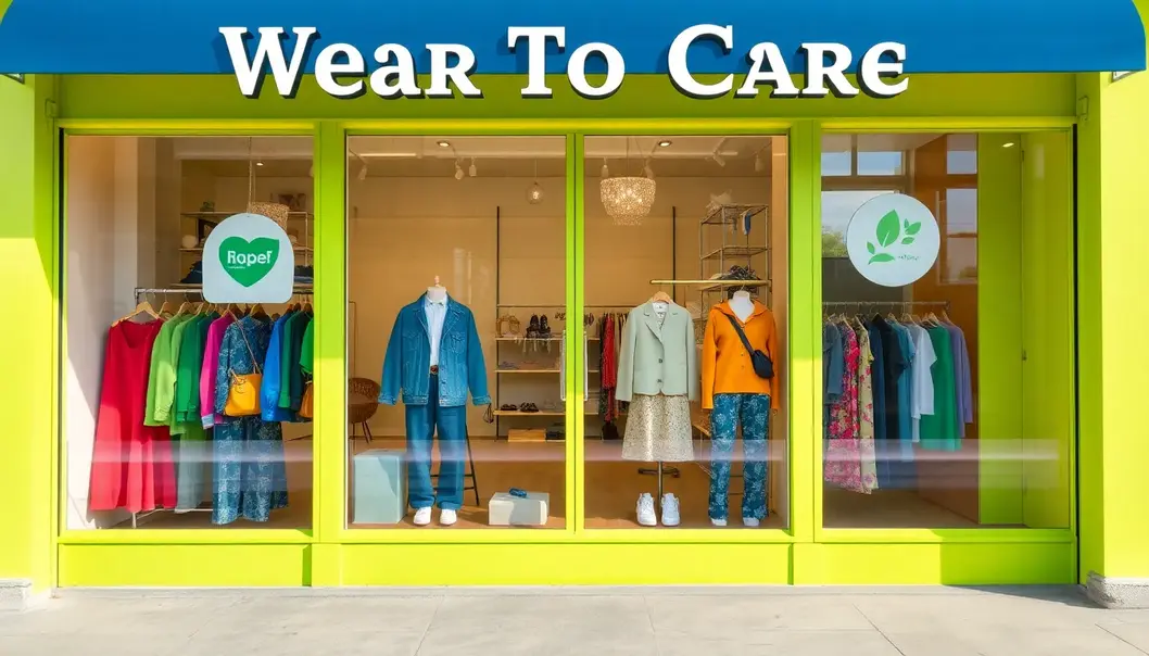 Storefront with mannequins dressed in sustainable fashion attire.