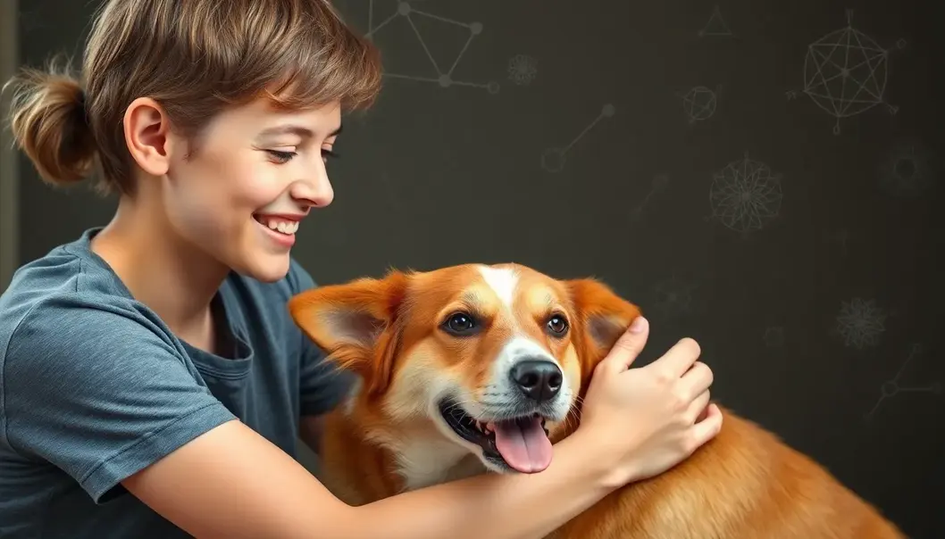 Young adult interacting with dog with scientific diagrams in the background.